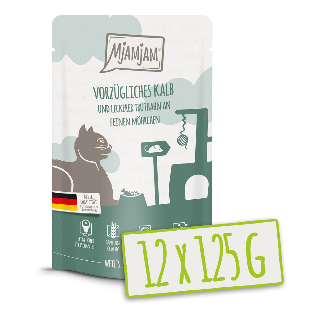 MjAMjAM - Quetschie - vorzügliches Kalb & Truthahn an leckeren Möhrchen 12x125g